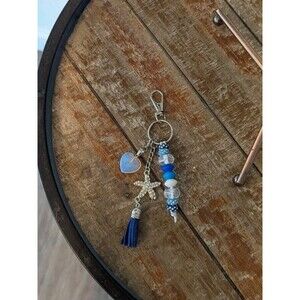 Handmade Bag Charm With Starfish & Heart - Dark Blue